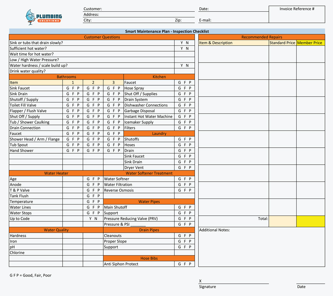 Plumbing Solutions Inc., Plumbing Inspection Checklist Worksheet