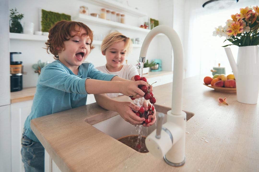 two boys washing fruit in a sink