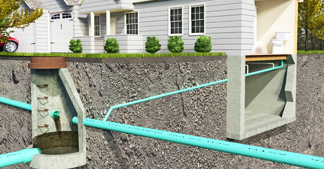 Plumbing Solutions - cross section of house showing man hole and sewer lines below house