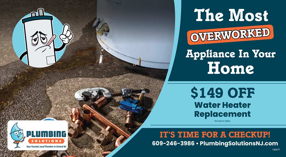 Plumbing Solutions Inc - April 2025 coupon - image of flooded basement with a dog holding a wrench and with the text, "I do sump pumps for April"