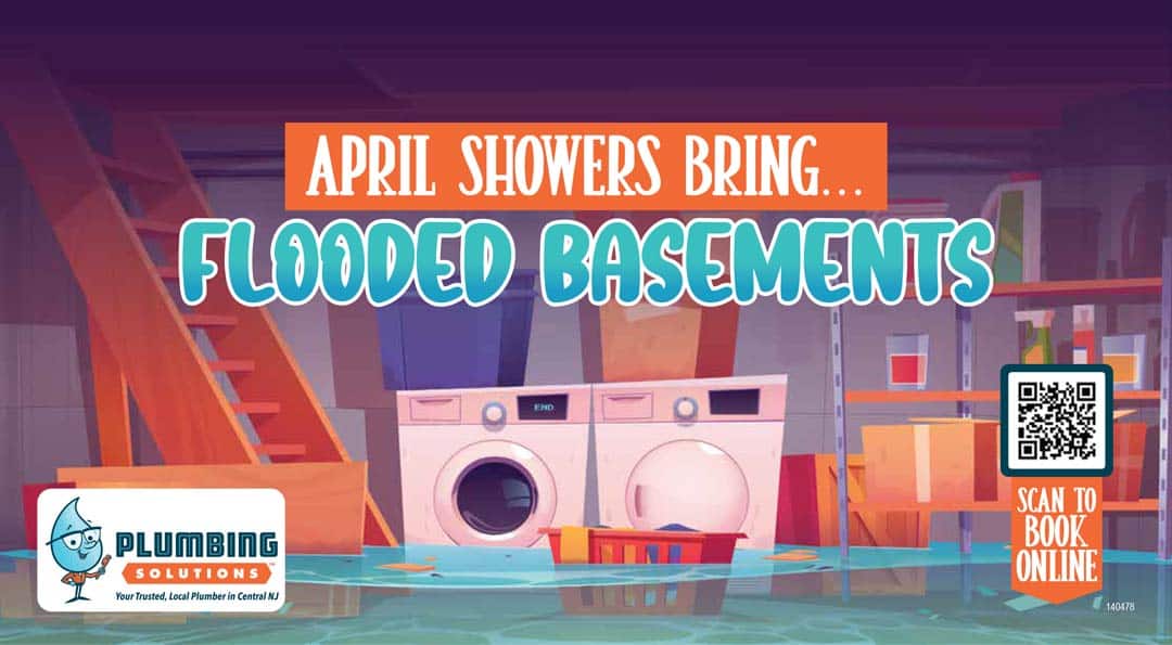 Plumbing Solutions Inc - April 2025 coupon - image of flooded basement with a dog holding a wrench and with the text, "I do sump pumps for April"