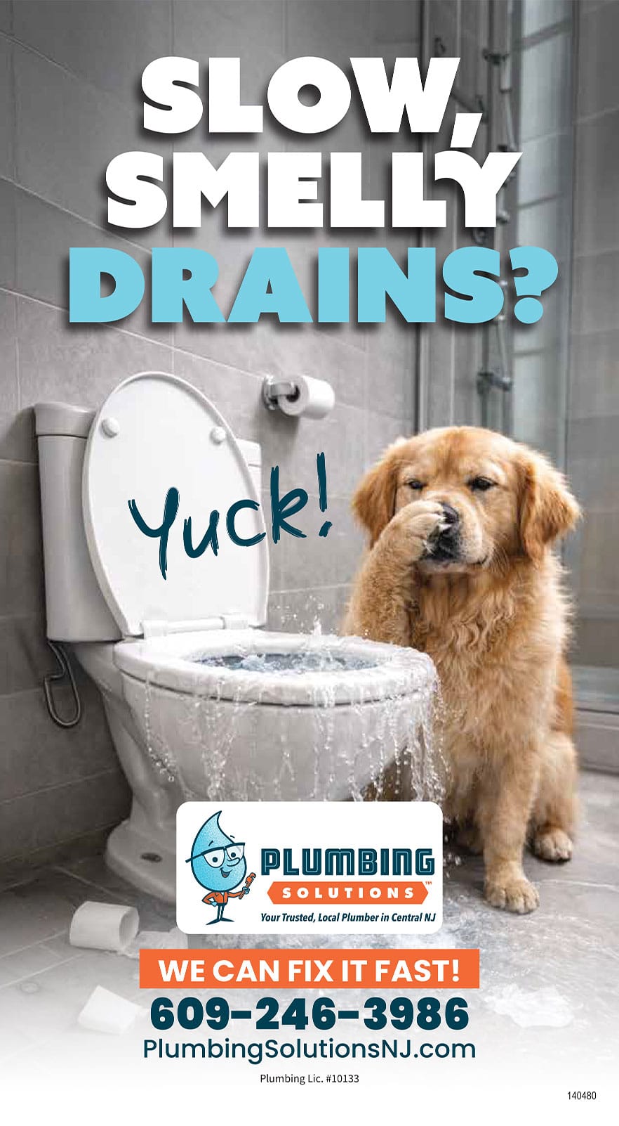 Plumbing Solutions Inc - April 2025 coupon - image of flooded basement with a dog holding a wrench and with the text, "I do sump pumps for April"